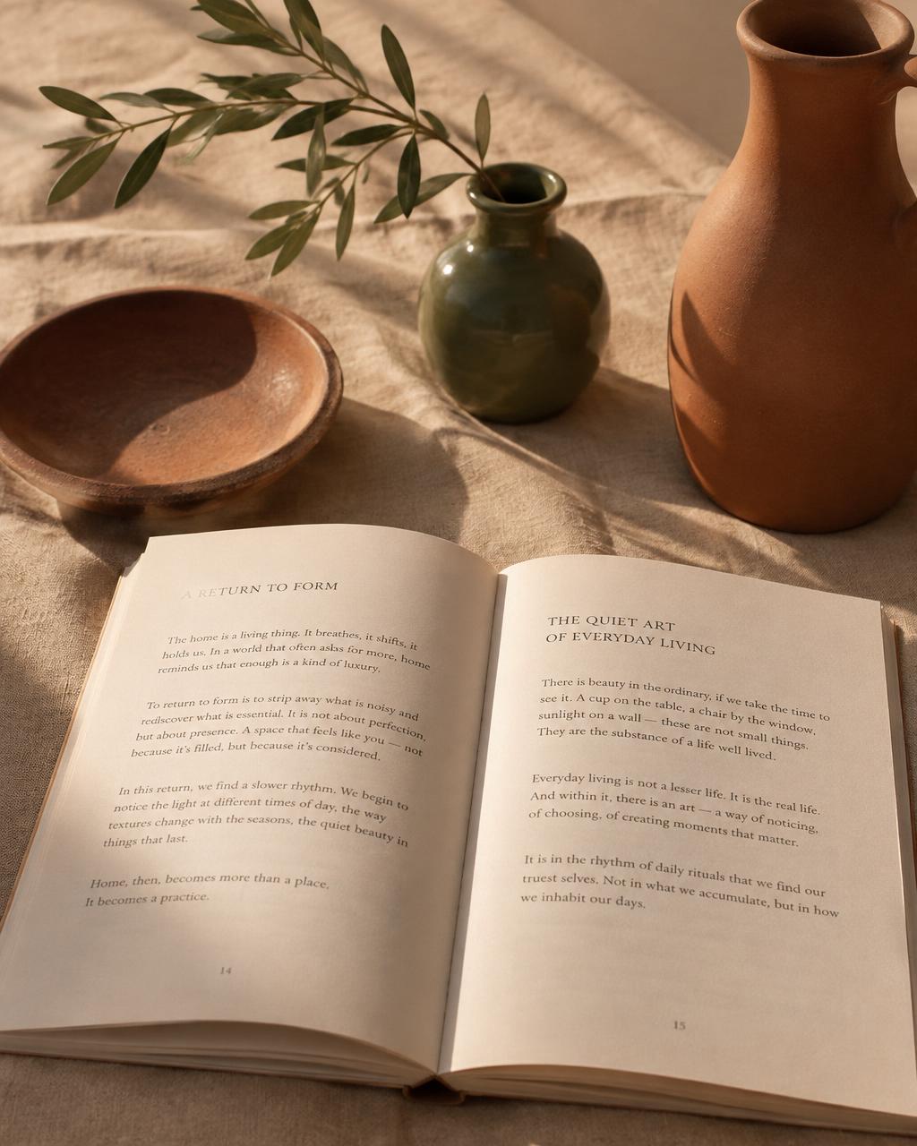 Livro aberto sobre linho, com luz suave de fim de tarde